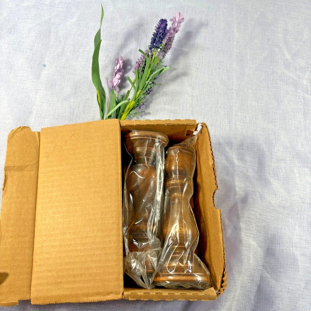 Vintage (NIB) Solid Brass and Spun Wood Candlestick Holder 7” Set of 2 Rustic
